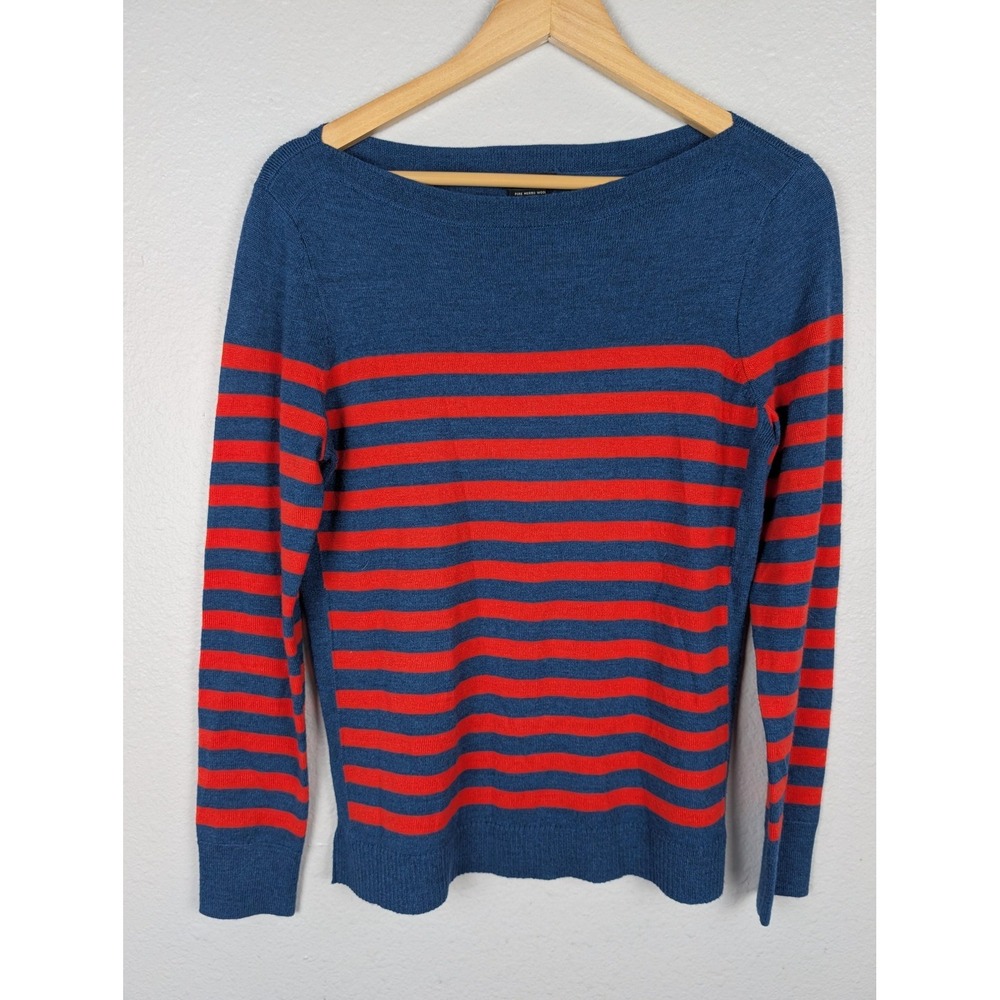 Talbots Pure Merino Wool Striped Sweater Blue Red Bateau Neck Size M